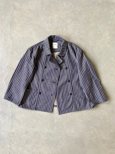 ARMEN  YARN DYED INDIGO 2 STRIPE  ROUND COLLAR DOUBLE JACKET