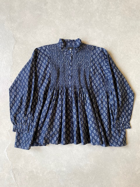 SOIL COTTON SLUB SMALL FLOWER PRINT BANDED COLLAR SHIRT DRESS with GATHER