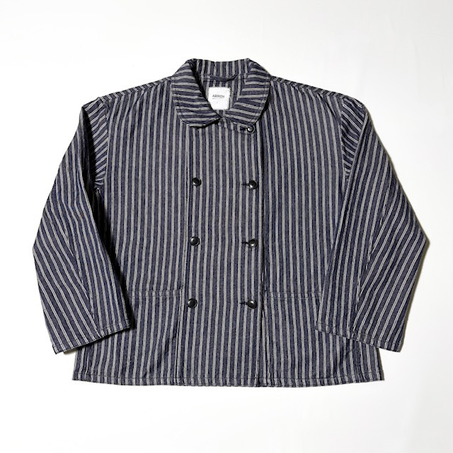 ARMEN YARN DYED INDIGO 2 STRIPE ROND COLLAR DOUBLE JACKET