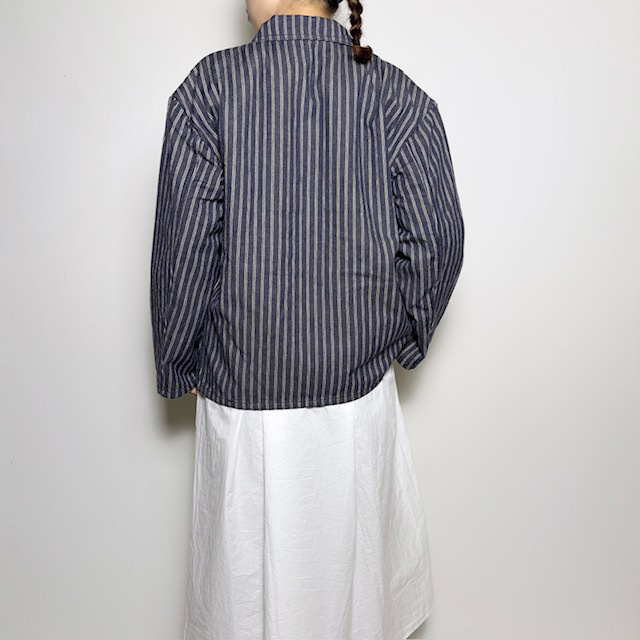 ARMEN YARN DYED INDIGO 2 STRIPE ROND COLLAR DOUBLE JACKET