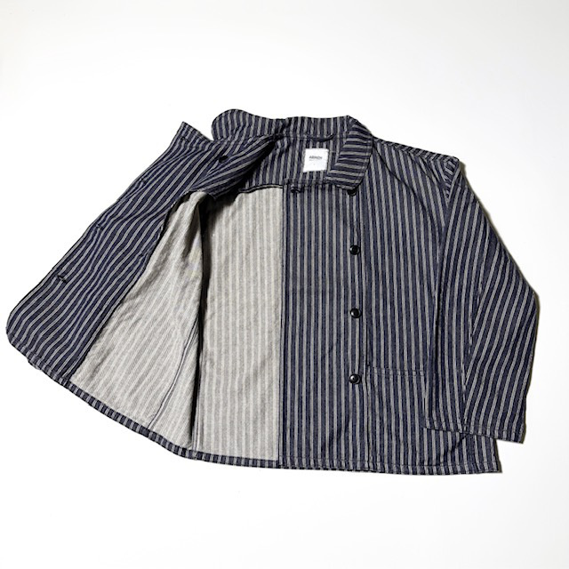 ARMEN YARN DYED INDIGO 2 STRIPE ROND COLLAR DOUBLE JACKET