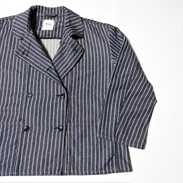 ARMEN YARN DYED INDIGO 2 STRIPE ROND COLLAR DOUBLE JACKET