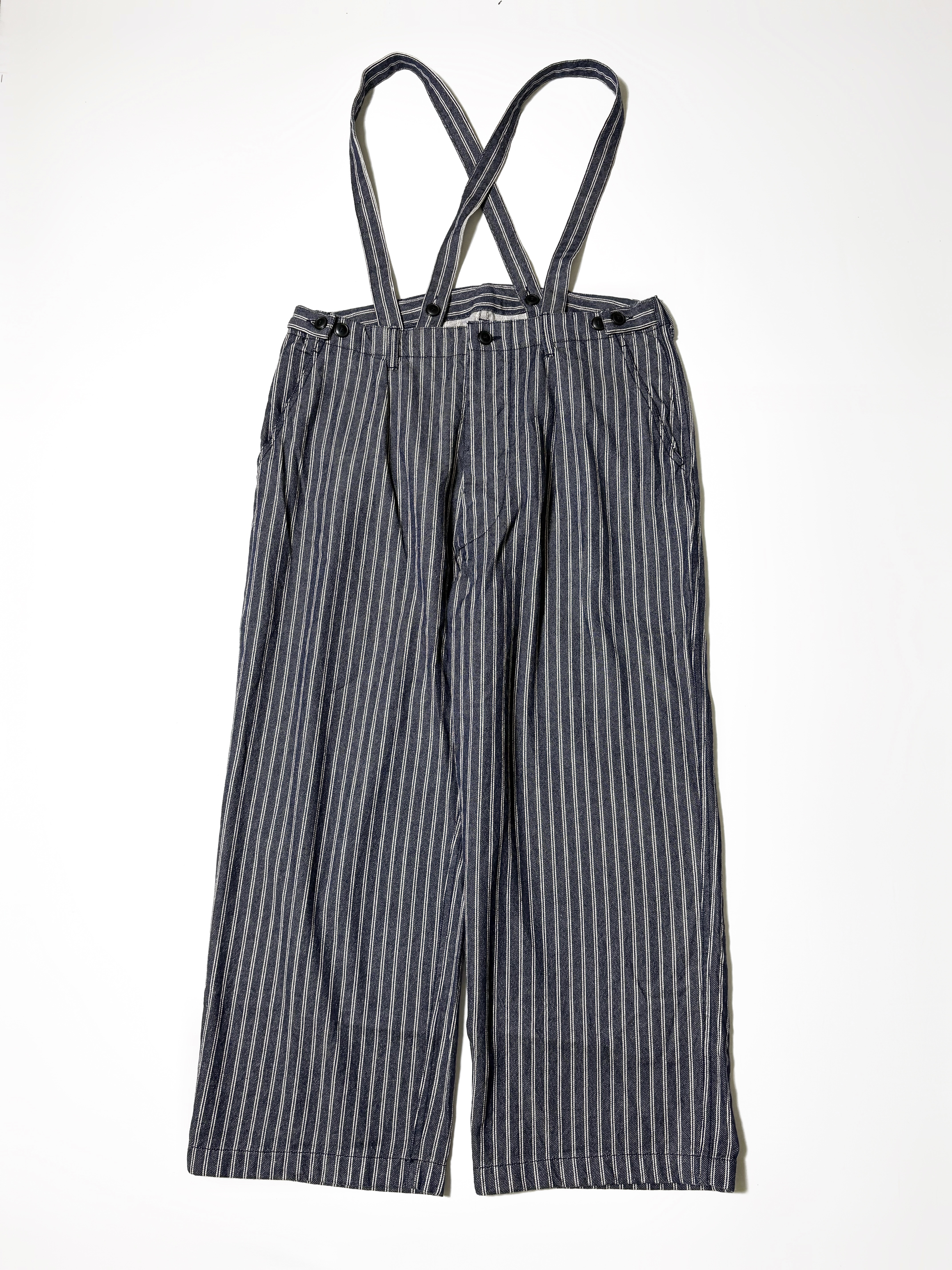 ARMEN YARN DYED INDIGO 2 STRIPE ADJUSTER TACK PANTS with SUSPENDERS 