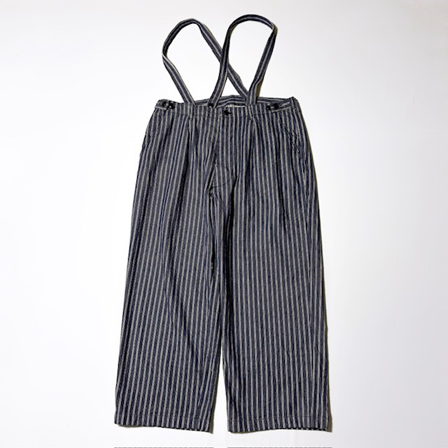ARMEN YARN DYED INDIGO 2 STRIPE ADJUSTER TACK PANTS with SUSPENDERS 