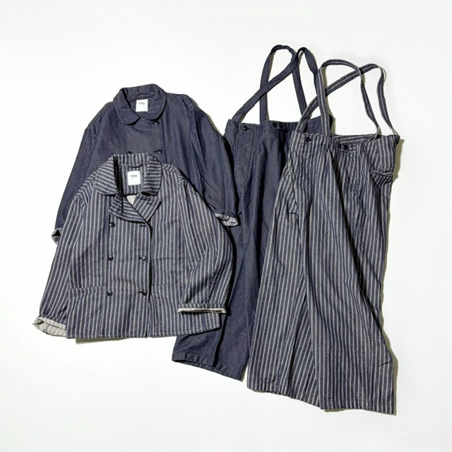 ARMEN YARN DYED INDIGO 2 STRIPE ADJUSTER TACK PANTS with SUSPENDERS 