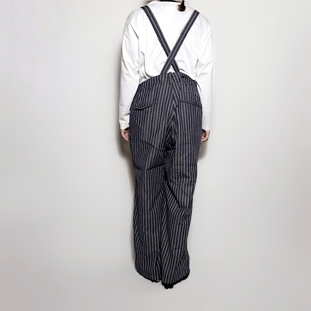 ARMEN YARN DYED INDIGO 2 STRIPE ADJUSTER TACK PANTS with SUSPENDERS 