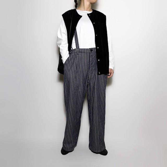 ARMEN YARN DYED INDIGO 2 STRIPE ADJUSTER TACK PANTS with SUSPENDERS 