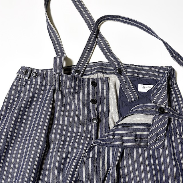 ARMEN YARN DYED INDIGO 2 STRIPE ADJUSTER TACK PANTS with SUSPENDERS 