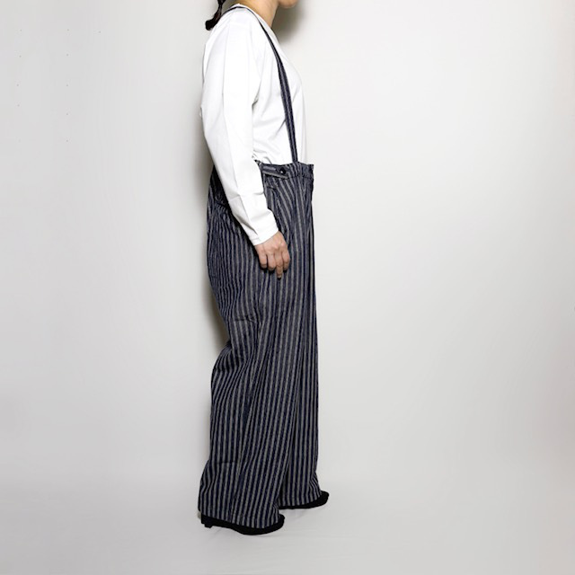 ARMEN YARN DYED INDIGO 2 STRIPE ADJUSTER TACK PANTS with SUSPENDERS 