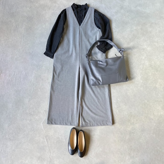 PRIT ツイルストレッチ裏起毛 Vネックオールインワン