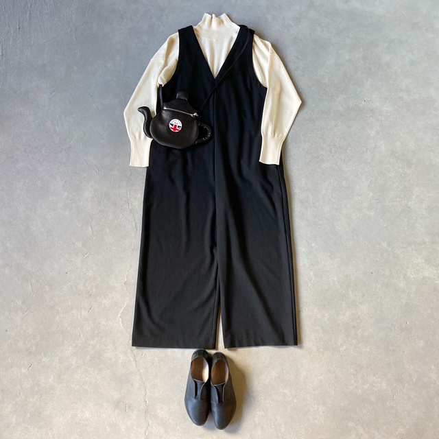 PRIT ツイルストレッチ裏起毛 Vネックオールインワン