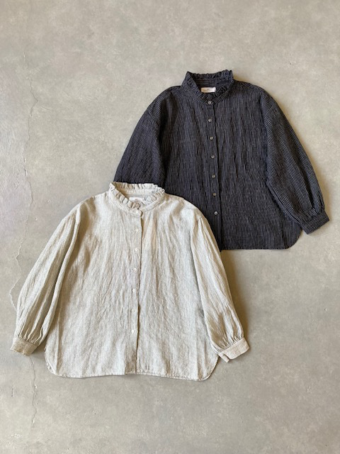 SOIL WOOL LINEN STRIPE FRILL COLLAR SHIRT