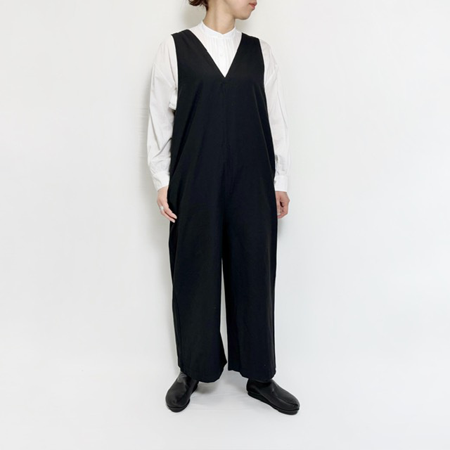 綿麻ストレッチVネックオールインワン