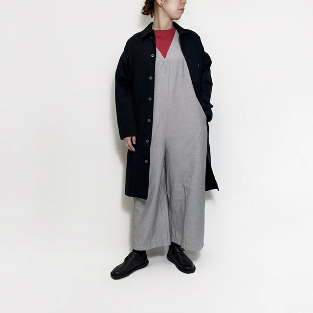 綿麻ストレッチVネックオールインワン