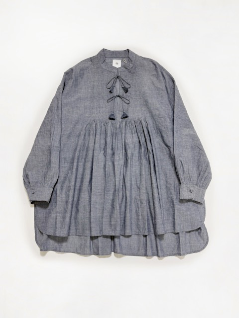 maison de soil HANDWOVEN YARN DYE NATURAL INDIGO CHAMBRY BANDED COLLAR PINTUK TUNIC