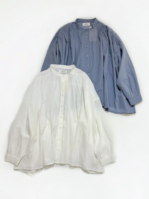 SOIL 80s COTTON VOIL PLAIN BANDED COLLAR GATHER SHIRT