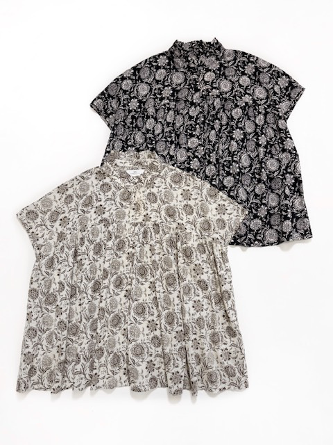 SOIL 80s VOILE TWO TONE FLOWER PRINT FRILL COLLAR FRENCH/SL SHIRT