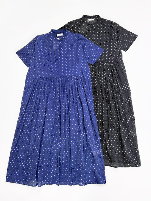 SOIL 80s COTTON VOILE DOT PRINT BANDED COLLAR S/SL DRESS