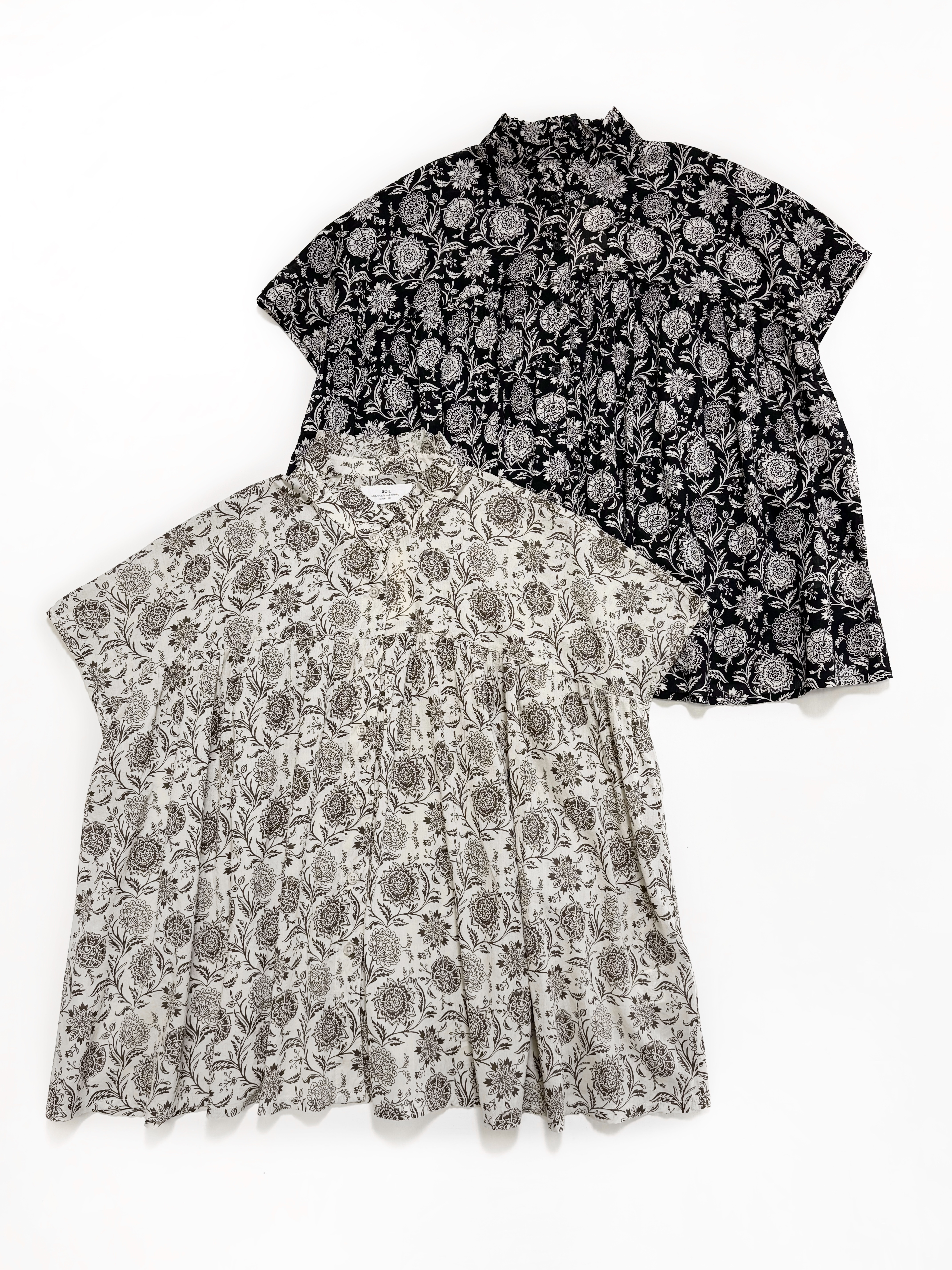 SOIL 80s VOILE TWO TONE FLOWER PRINT FRILL COLLAR FRENCH/SL SHIRT