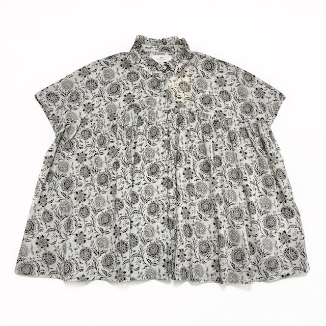 SOIL 80s VOILE TWO TONE FLOWER PRINT FRILL COLLAR FRENCH/SL SHIRT