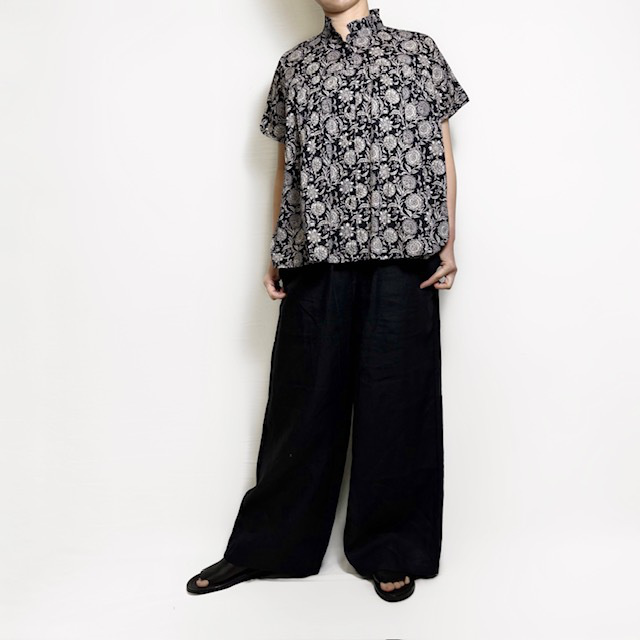 SOIL 80s VOILE TWO TONE FLOWER PRINT FRILL COLLAR FRENCH/SL SHIRT