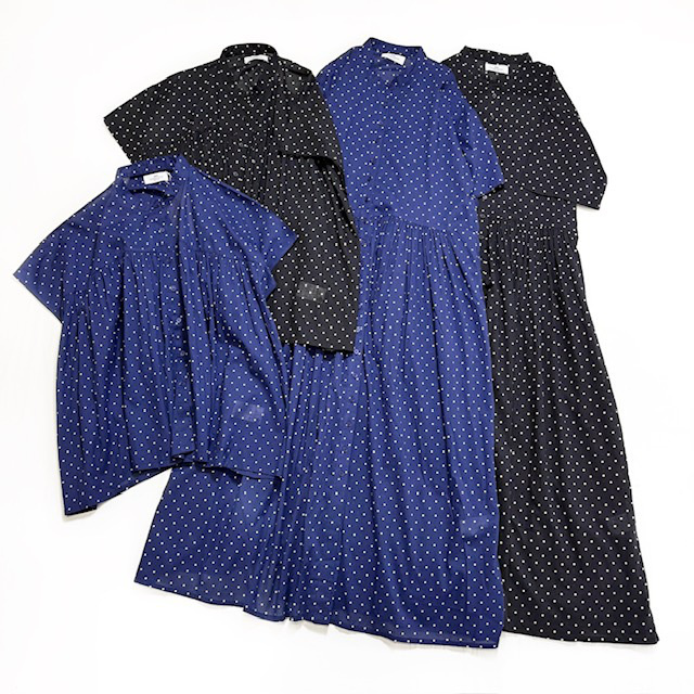 SOIL 80’s COTTON VOILE DOT PRINT BANDED COLLAR FRENCH/SL SHIRT