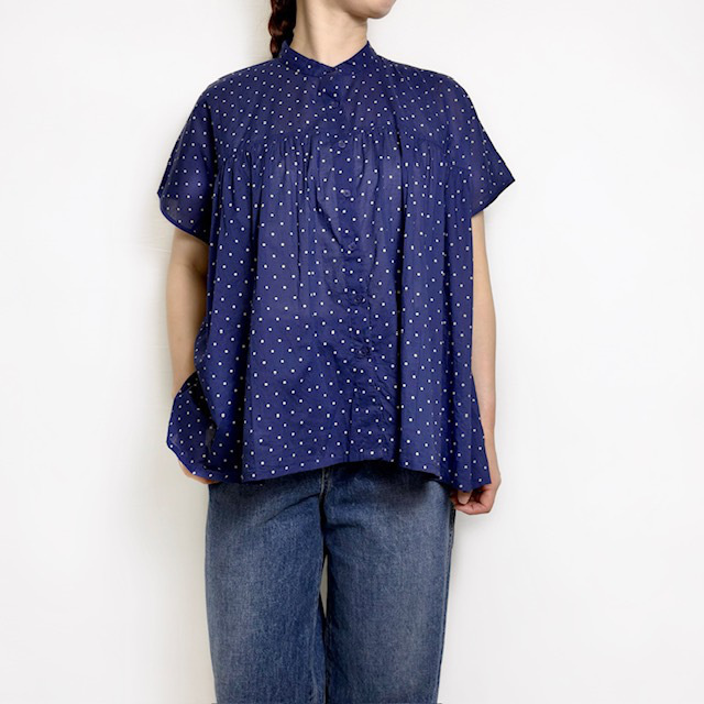 SOIL 80’s COTTON VOILE DOT PRINT BANDED COLLAR FRENCH/SL SHIRT