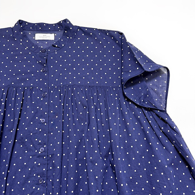 SOIL 80’s COTTON VOILE DOT PRINT BANDED COLLAR FRENCH/SL SHIRT