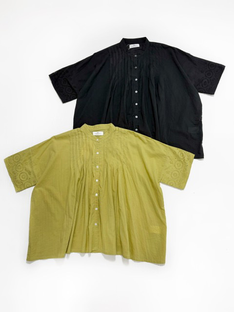 SOIL 80s VOILE PLAIN WITH CUT WORK LACE BANDED COLLAR PINTUCK SHIRT