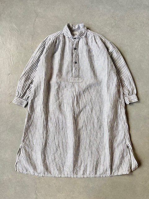 ARMEN LINEN COTTON STRIPE WORK GATHERED DRESS SHIRT