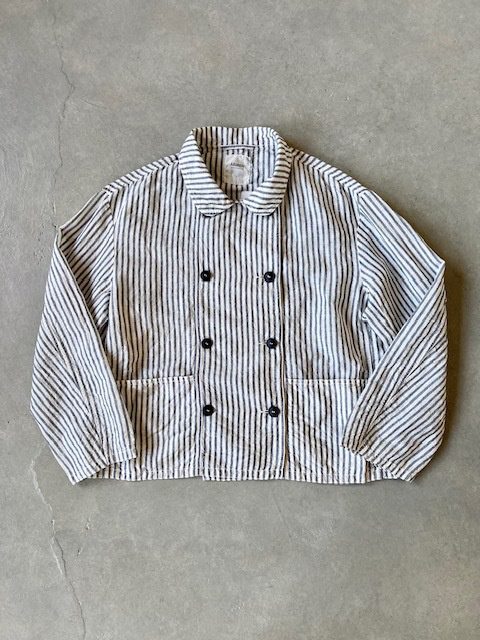 ARMEN LINEN COTTON STRIPE ROUND COLLAR DOUBLE JACKET