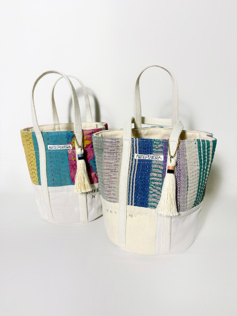 ARTE POVERA  インドキルトラリー&フランスシーツMIX  NEW ラウンド BAG (M)