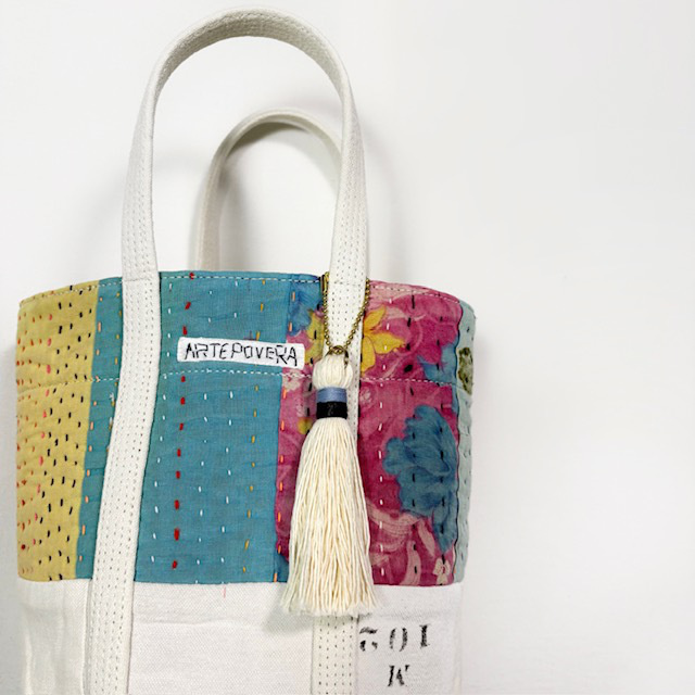 ARTE POVERA インドキルトラリー&フランスシーツMIX NEW ラウンド BAG (M)