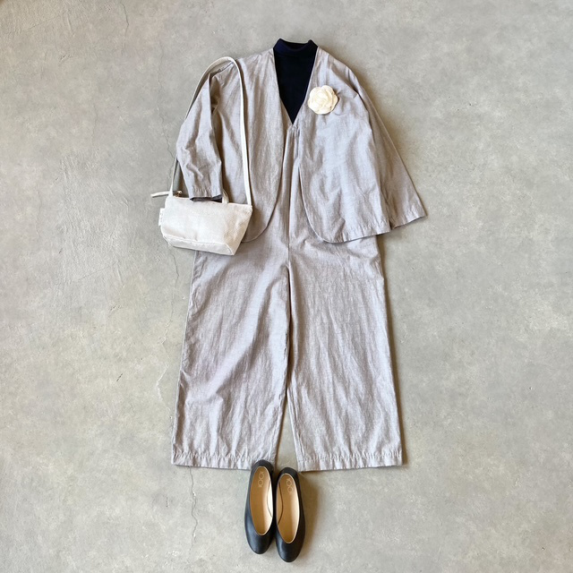 PRIT 綿麻ストレッチVネックオールインワン