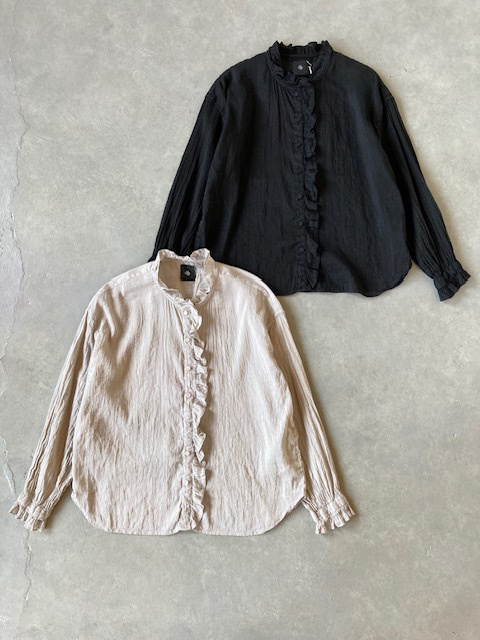 maison de soil  60s AUTOLOOM LINEN COTTON  PLAINOVERDYE  FRILL COLLAR SHIRTS